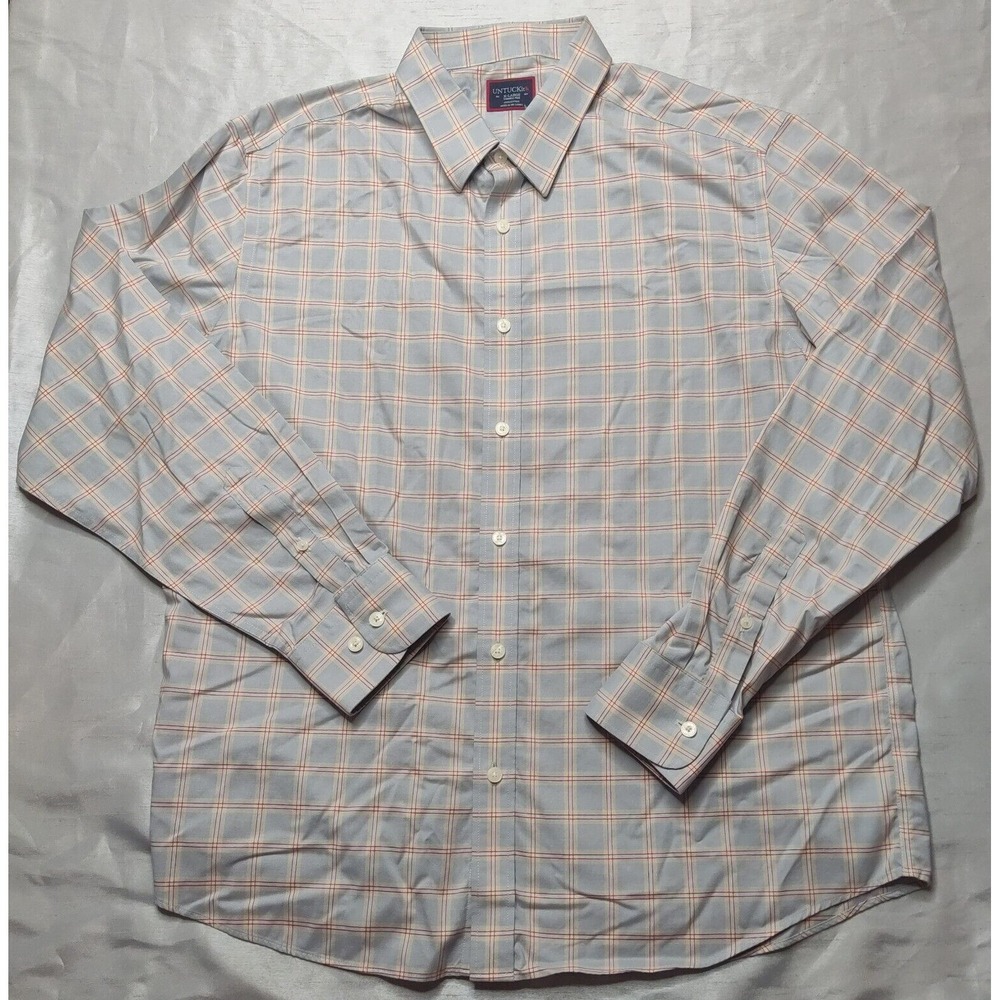 UNTUCKit RIDEGEVIEW Men XL Regular Fit Gray Cream Red Windowpane Button Shirt‎